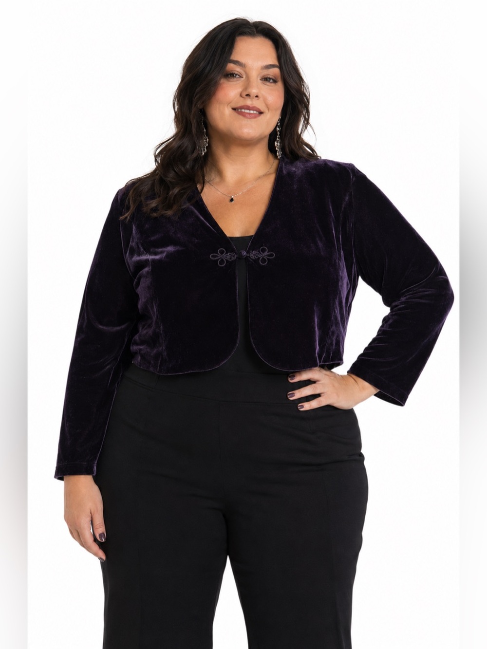 90s Vintage All That Jazz Velvet Cropped Evening Jacket w Knot Closure Purple 22